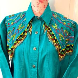 Southwest Canyon Cotton Vintage cowboy western rodeo shirt with beaded fringe
